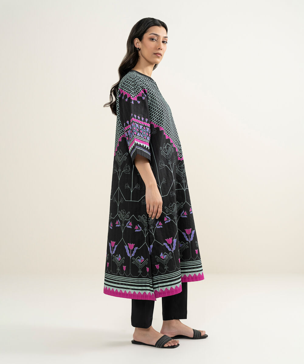 Women's RTW Textured Cotton Printed Black A-Line Shirt