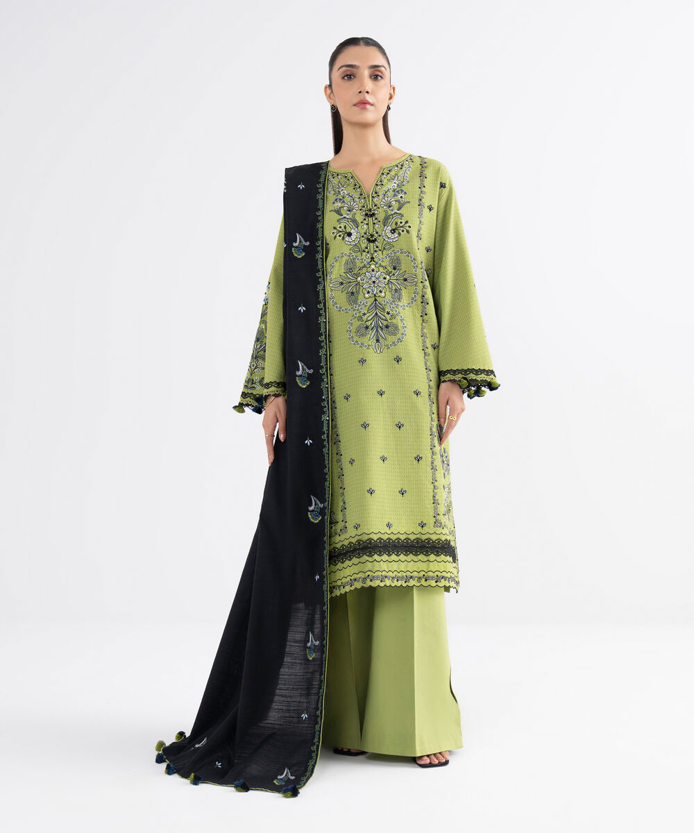 Women's Unstitched Dobby Embroidered Green 3 Piece Suit