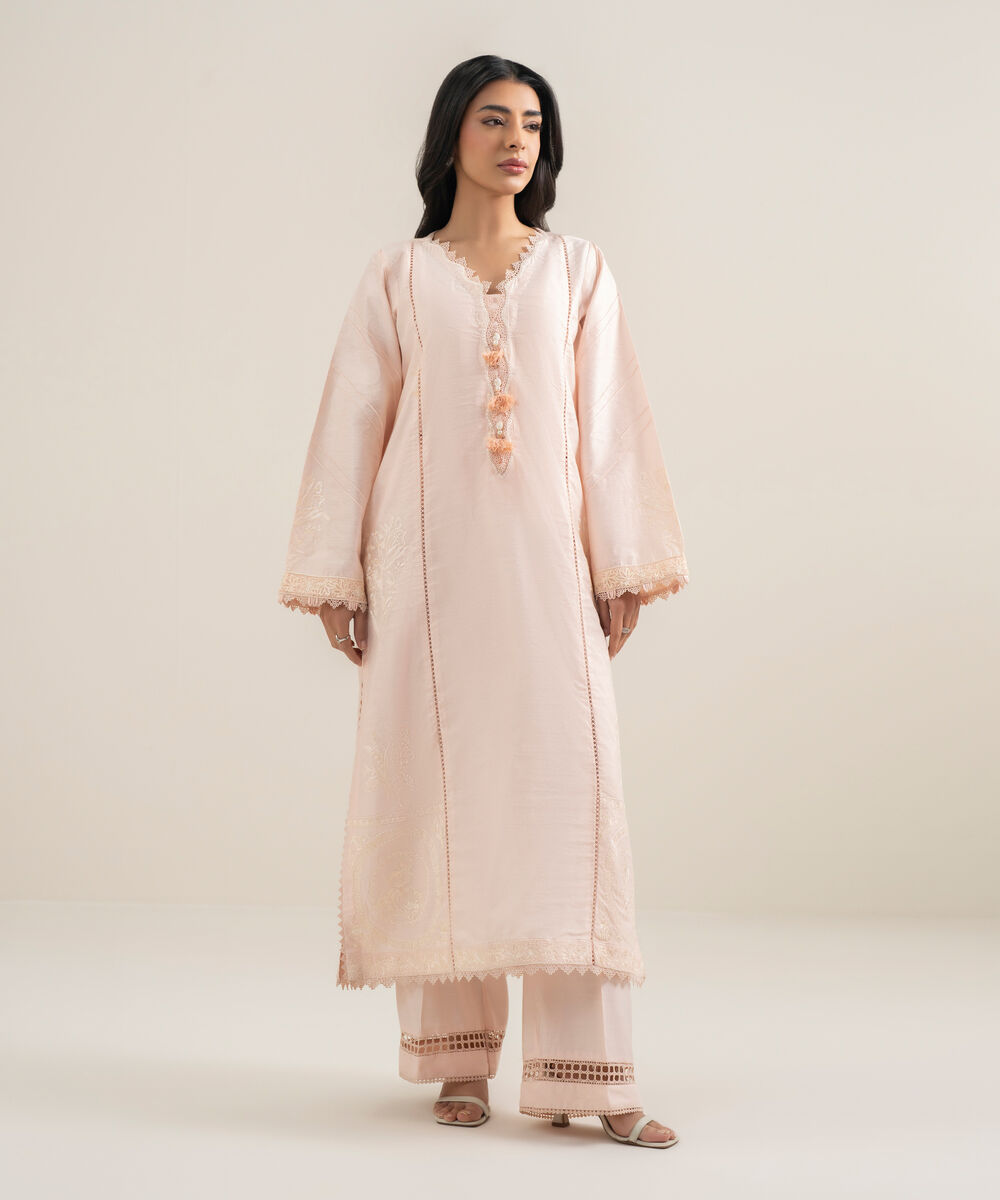 Women's RTW Silk Cotton Net Embroidered Pink 2 Piece Suit