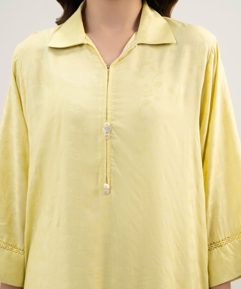 Women's RTW Arabic Self Jacquard Solid Lime Yellow Straight Shirt