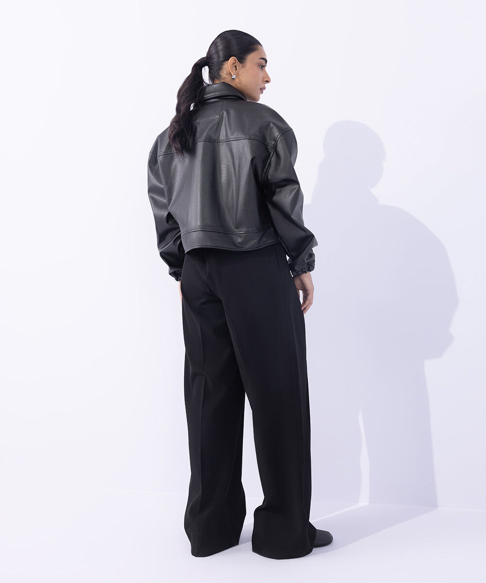 Woman - Black Cropped Faux Leather Jacket