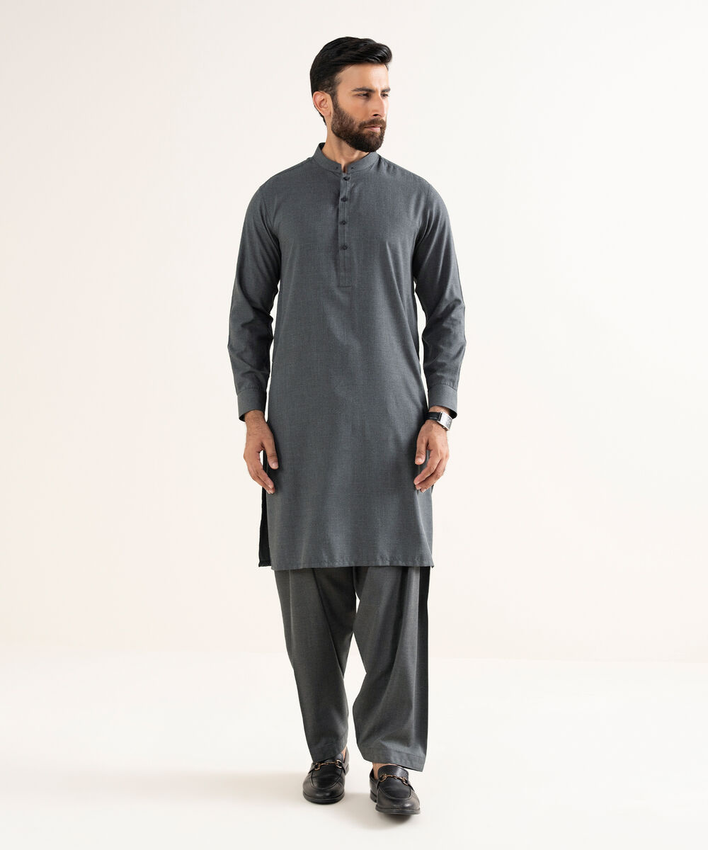 Men's Textured Wash & Wear Plain Charcoal Kurta Shalwar