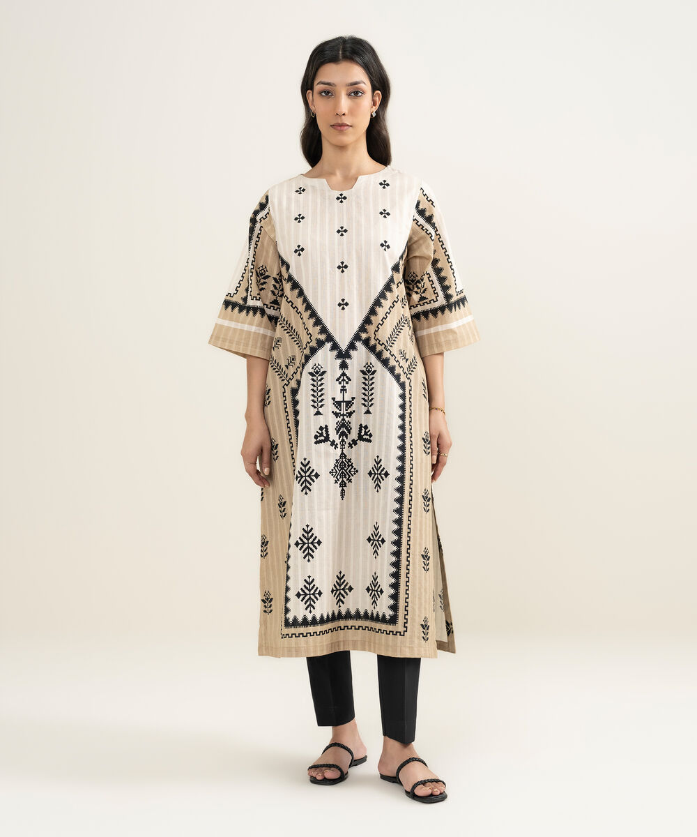 Women's RTW Textured Cotton Printed Beige A-Line Shirt