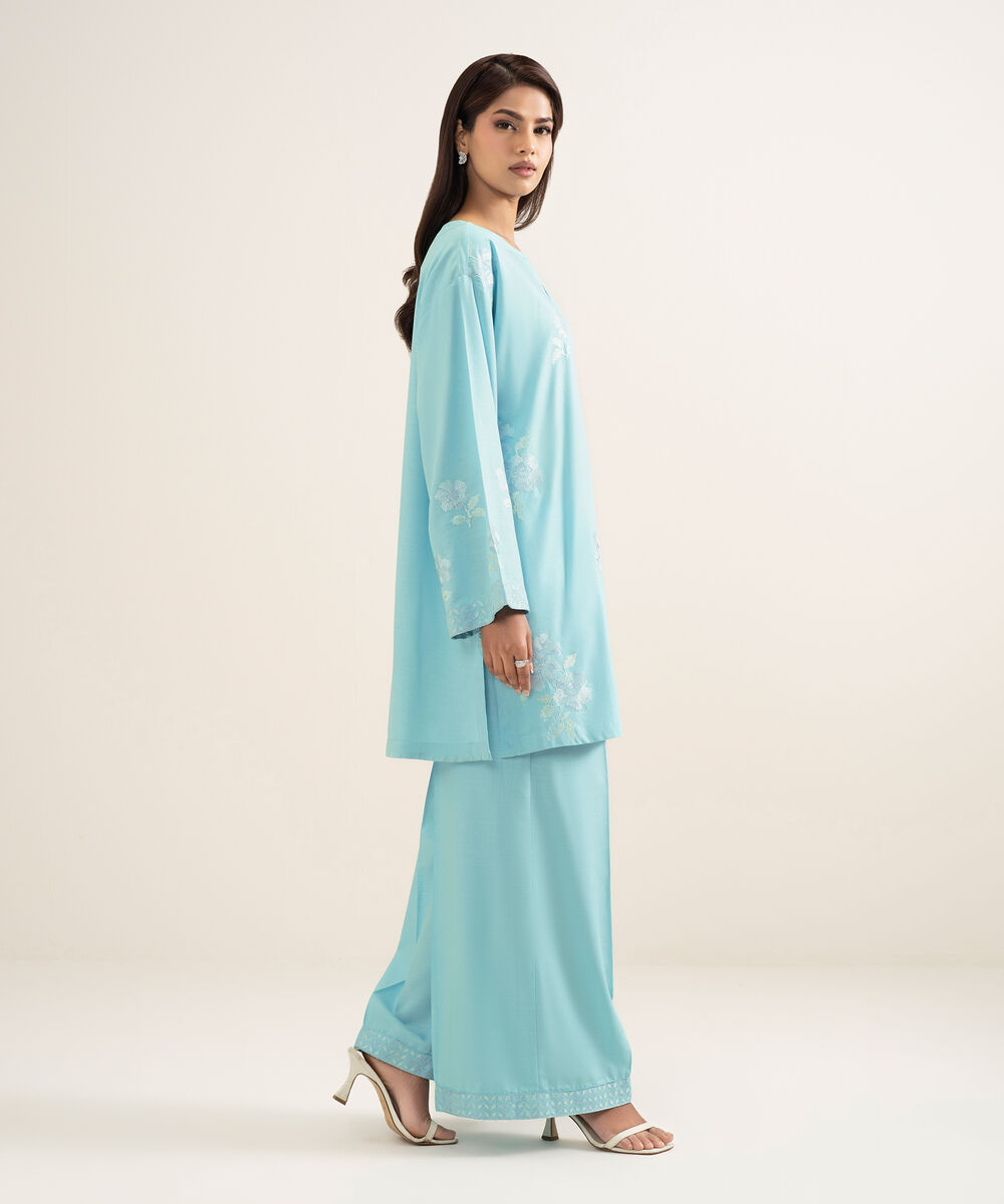 Women's RTW Cotton Viscose Embroidered Blue Flared Pants