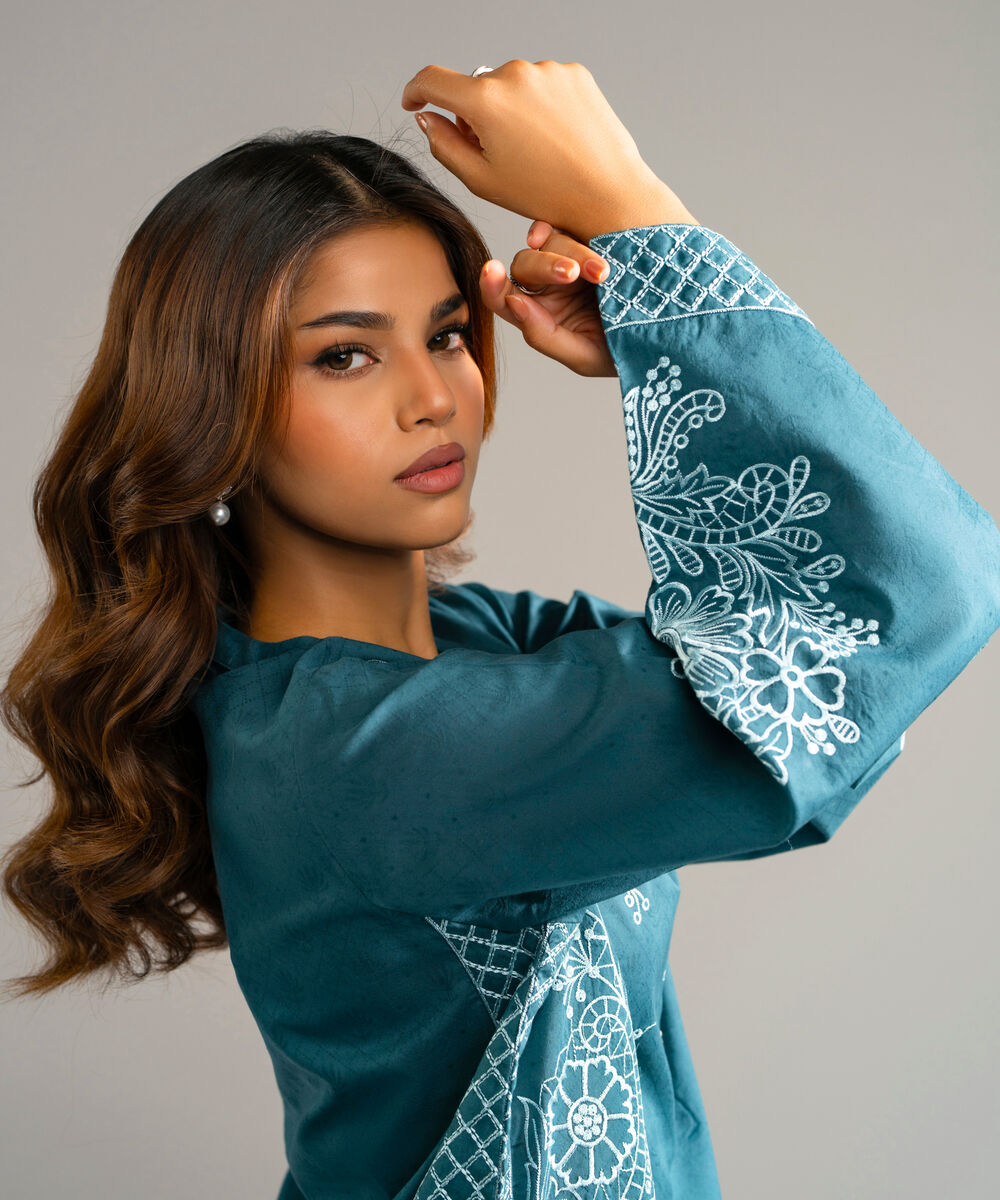 Women's RTW Self Jacquard Embroidered Teal 2 Piece Suit