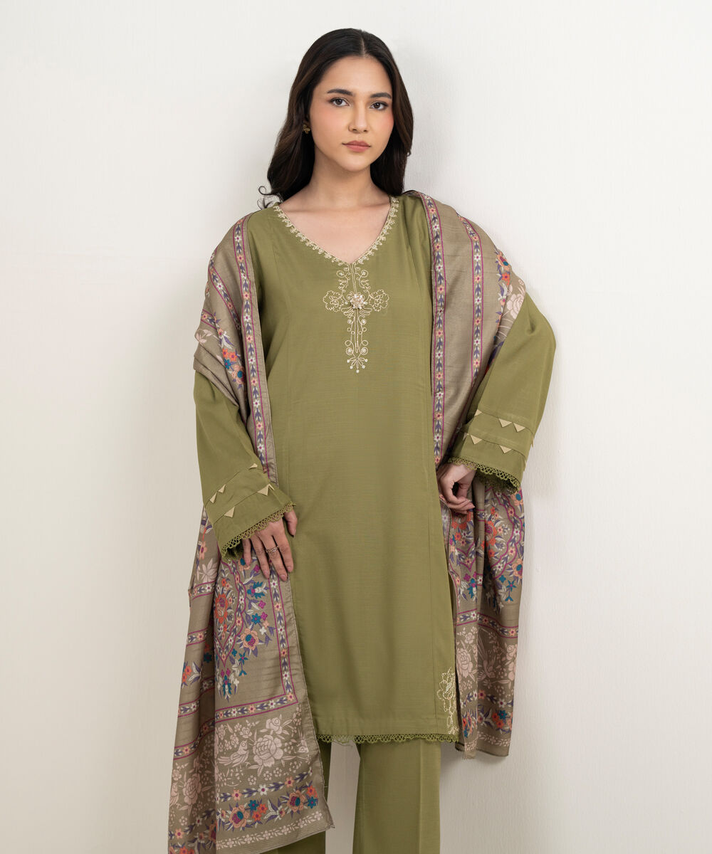 Women's RTW Raw Silk Viscose Embroidered Green 3 Piece Suit