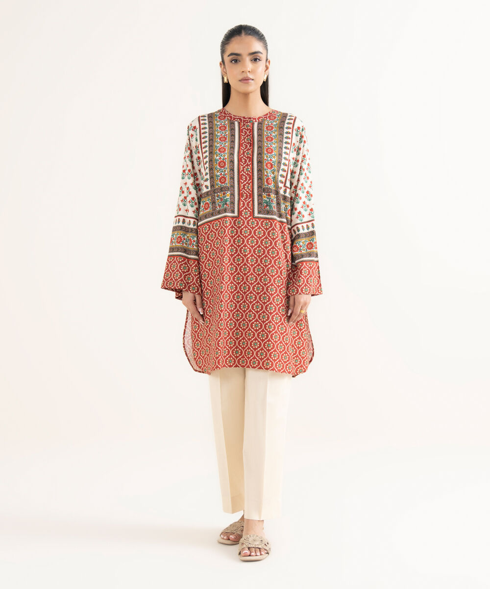 Women's RTW Cotton Printed Boxy Red Shirt