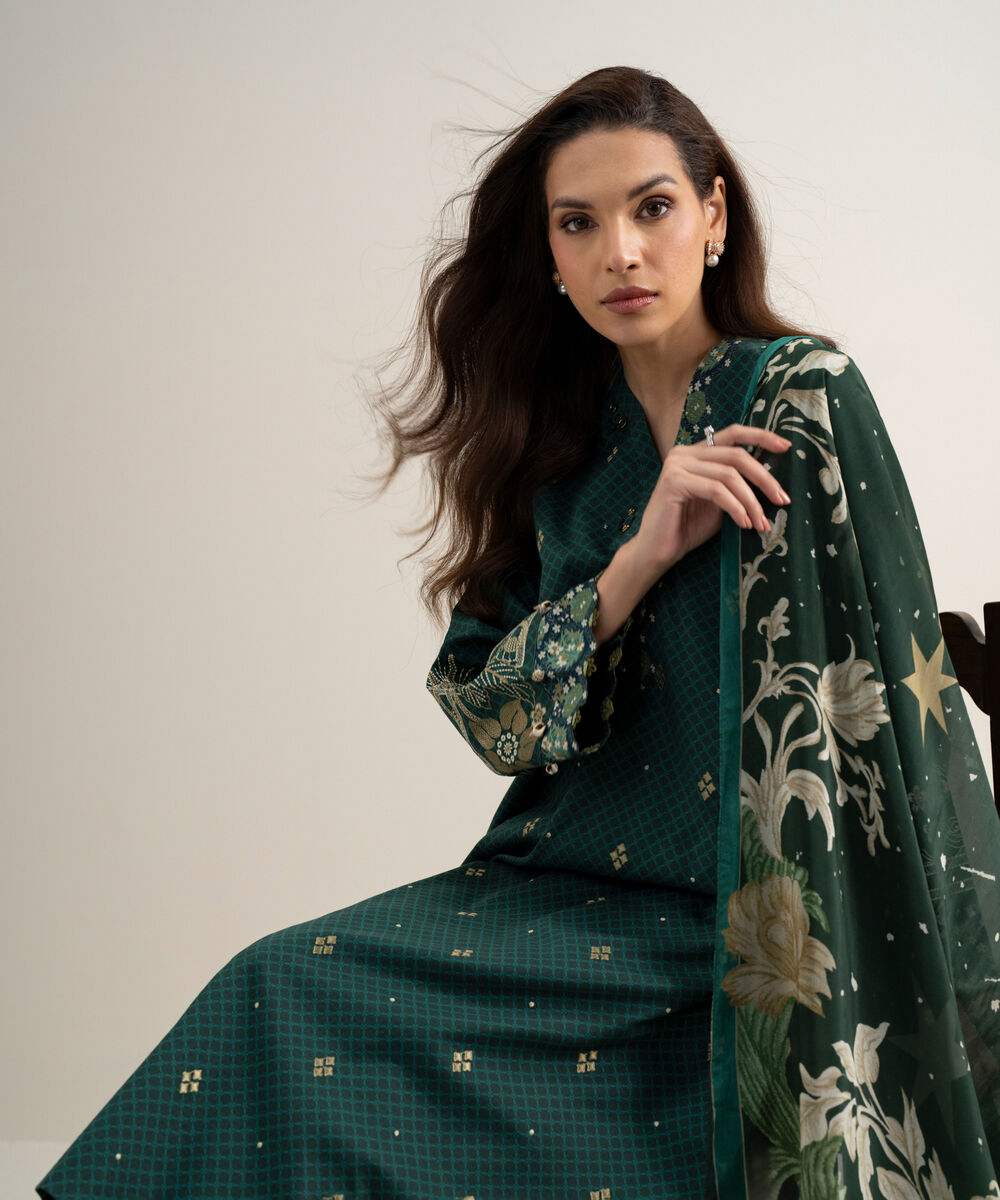 Women's Unstitched Dobby Embroidered Green 3 Piece Suit
