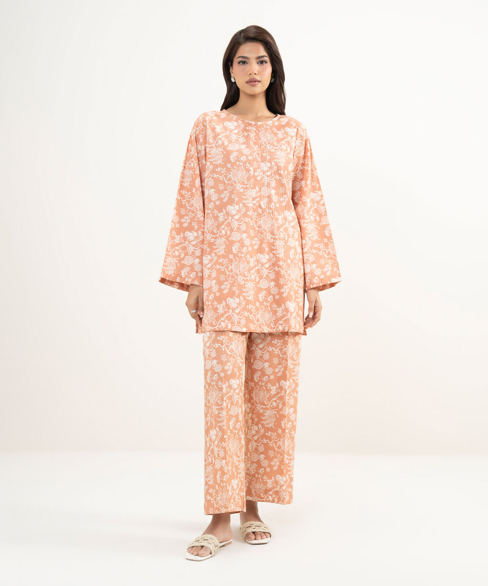 Women's RTW Seersucker Printed Orange Straight Shirt
