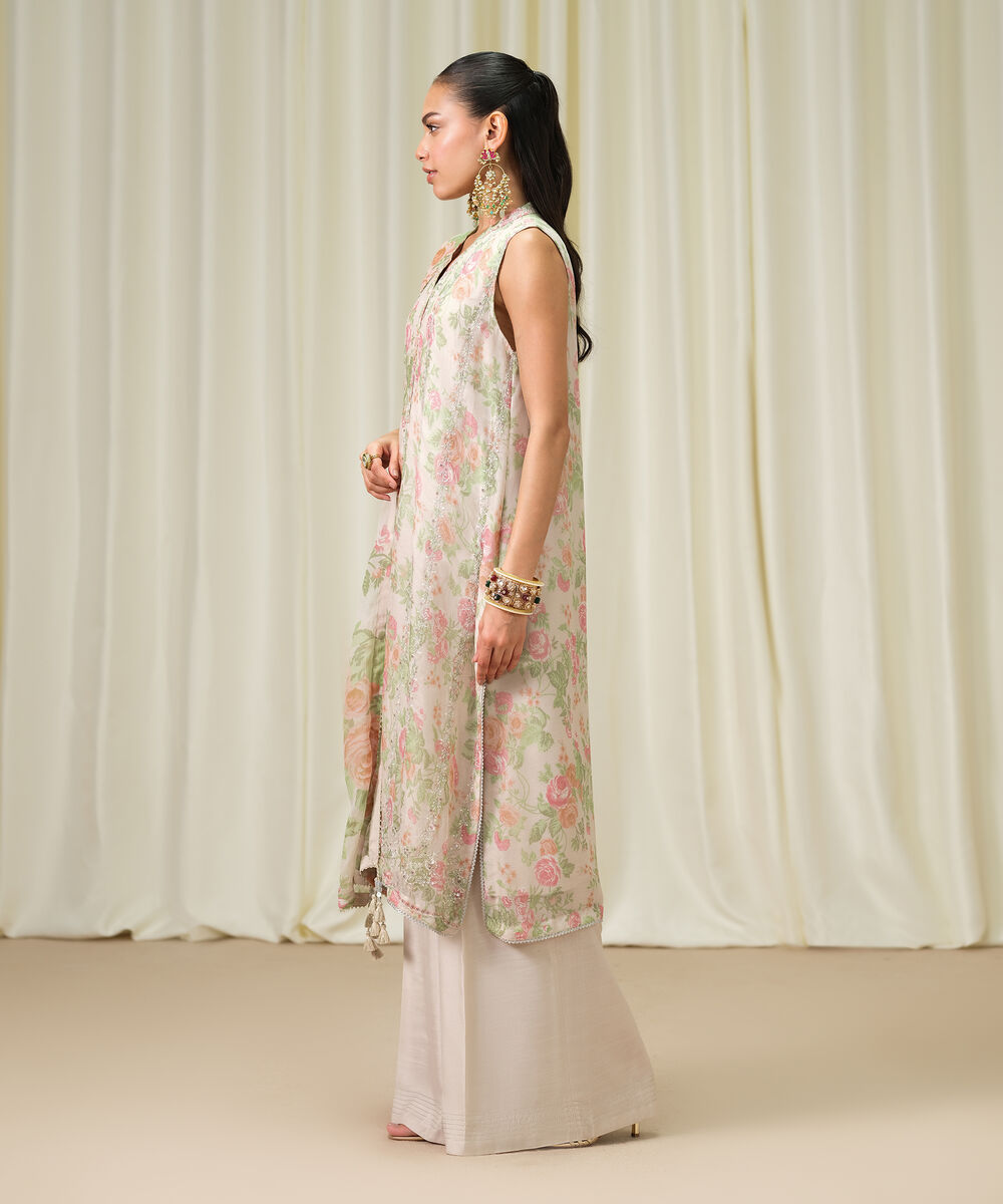 Women's Unstitched Blended Chiffon Embroidered Beige 3 Piece Suit