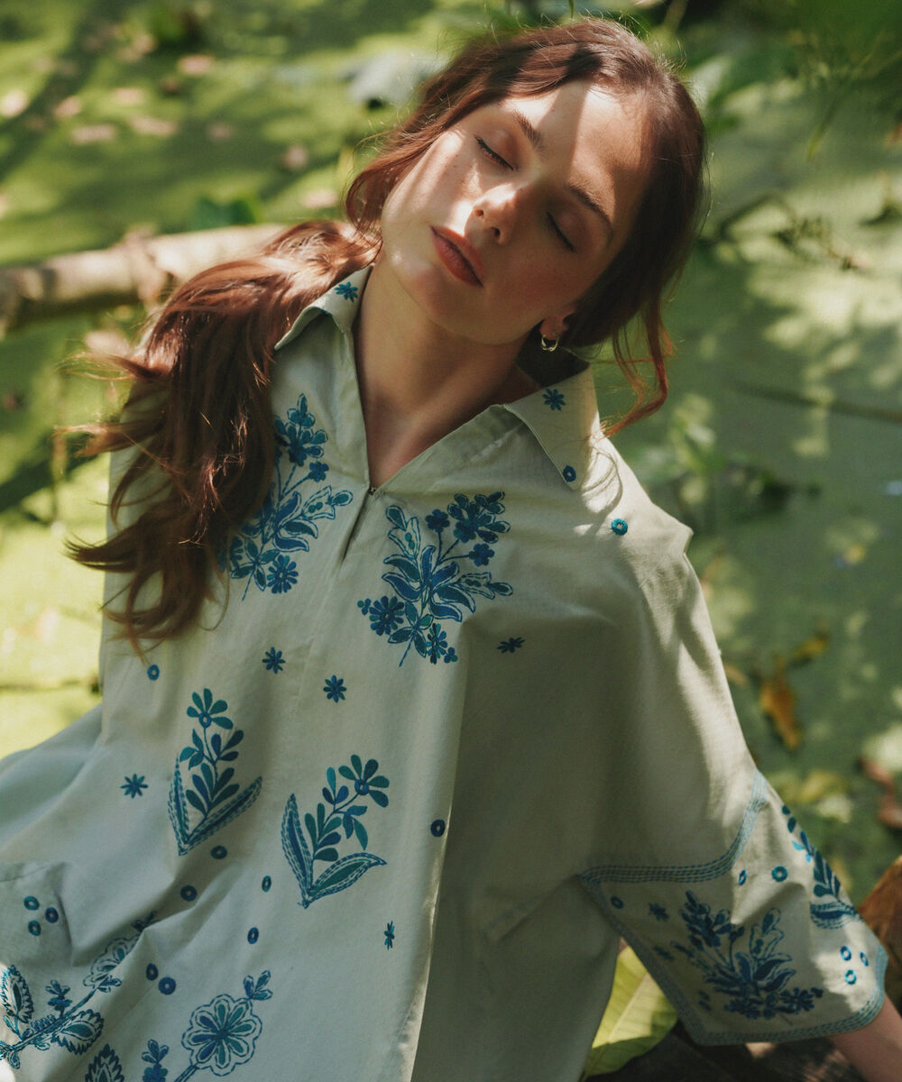 Women's RTW Dobby Embroidered Green Drop Shoulder Shirt