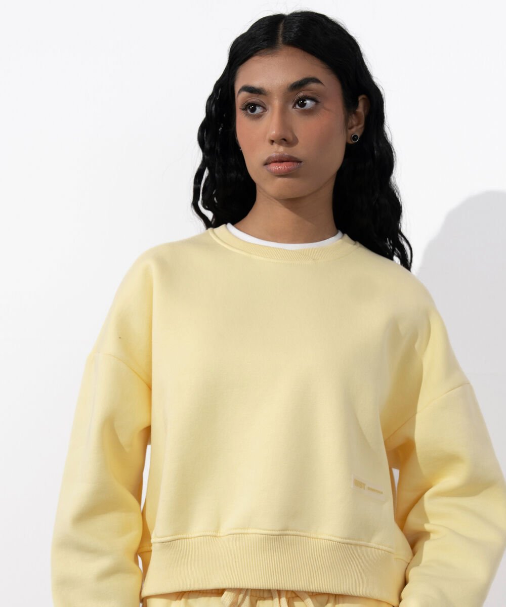 Women's Western Wear Butter Yellow Loose Fit Cropped Sweatshirt