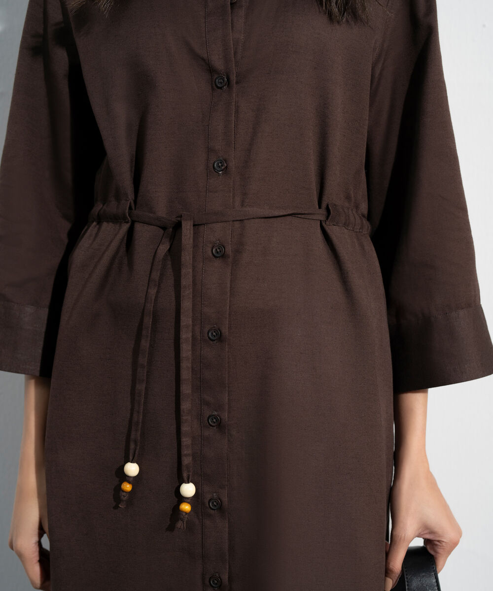 Women's Western Brown Linen Blend Dress With Waist Drawcord