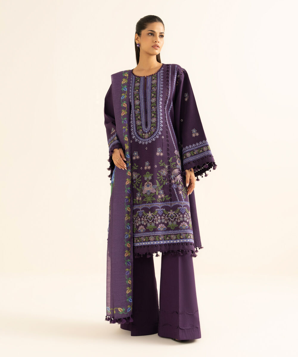 Women's Unstitched Dobby Embroidered Purple 3 Piece Suit