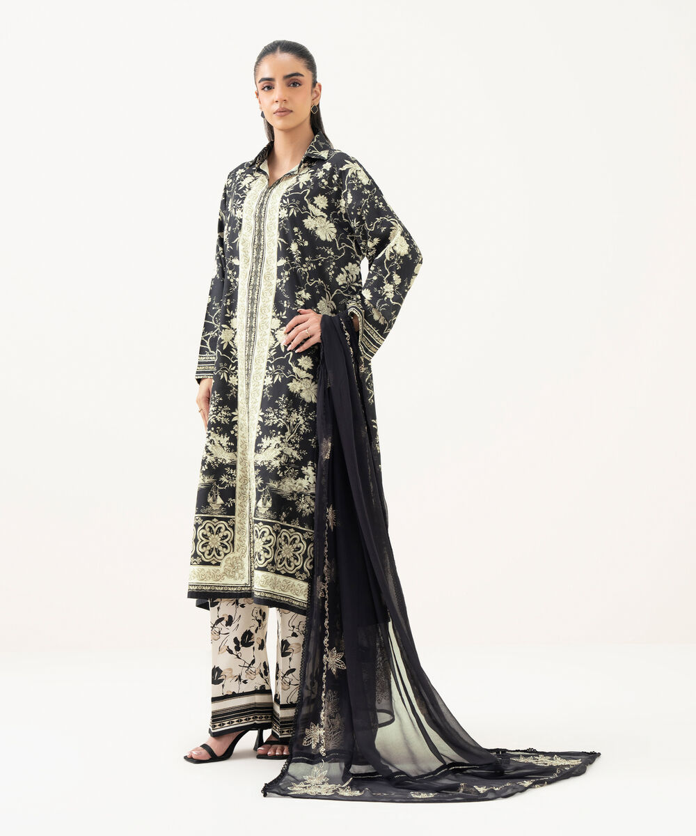 Crinkle Chiffon Embroidered Black Dupatta