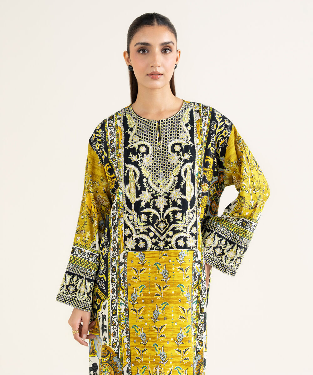 Women's RTW Linen Viscose Embroidered Yellow A-Line Shirt