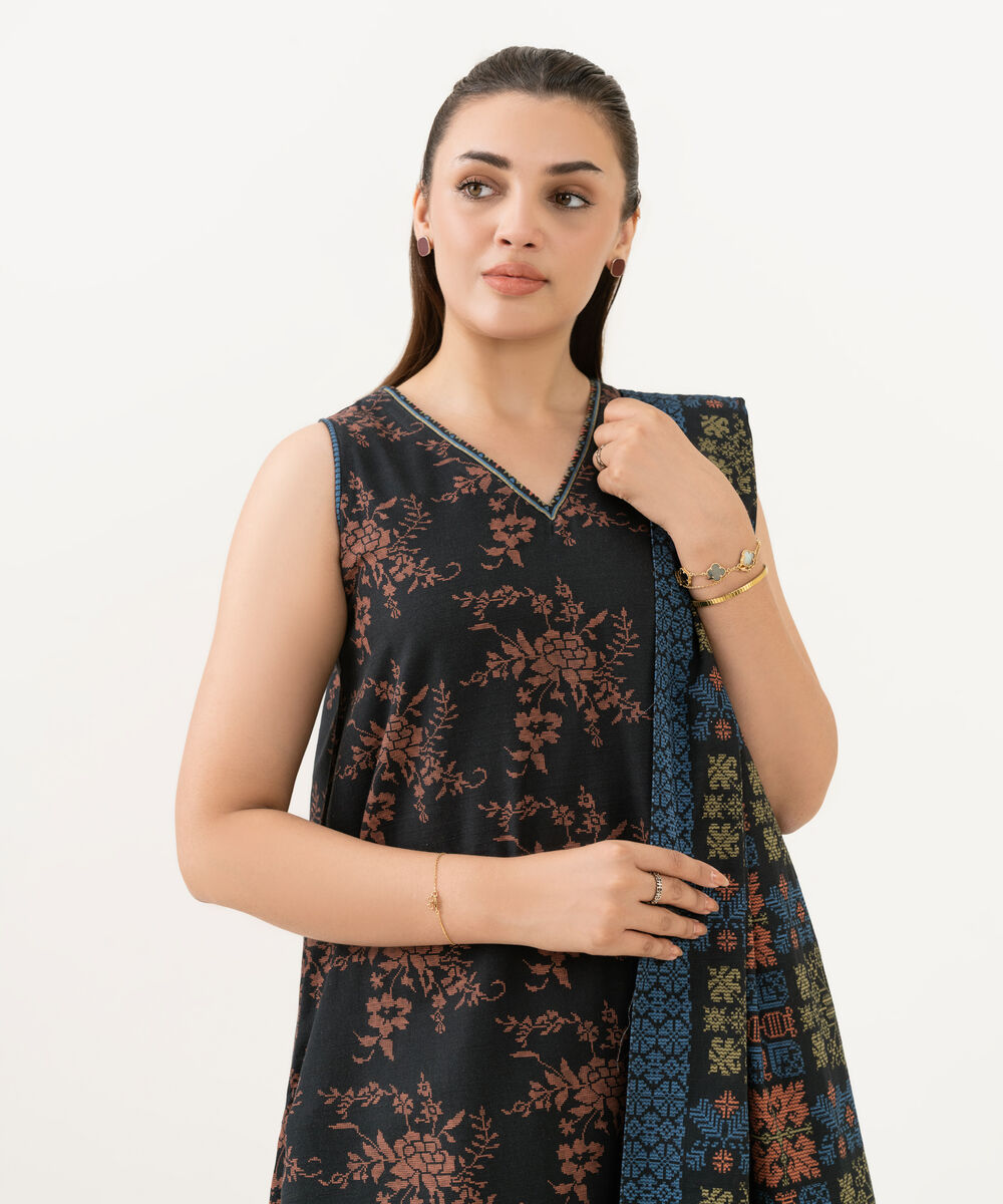 Women's Unstitched Light Khaddar Printed Black 3 Piece Suit