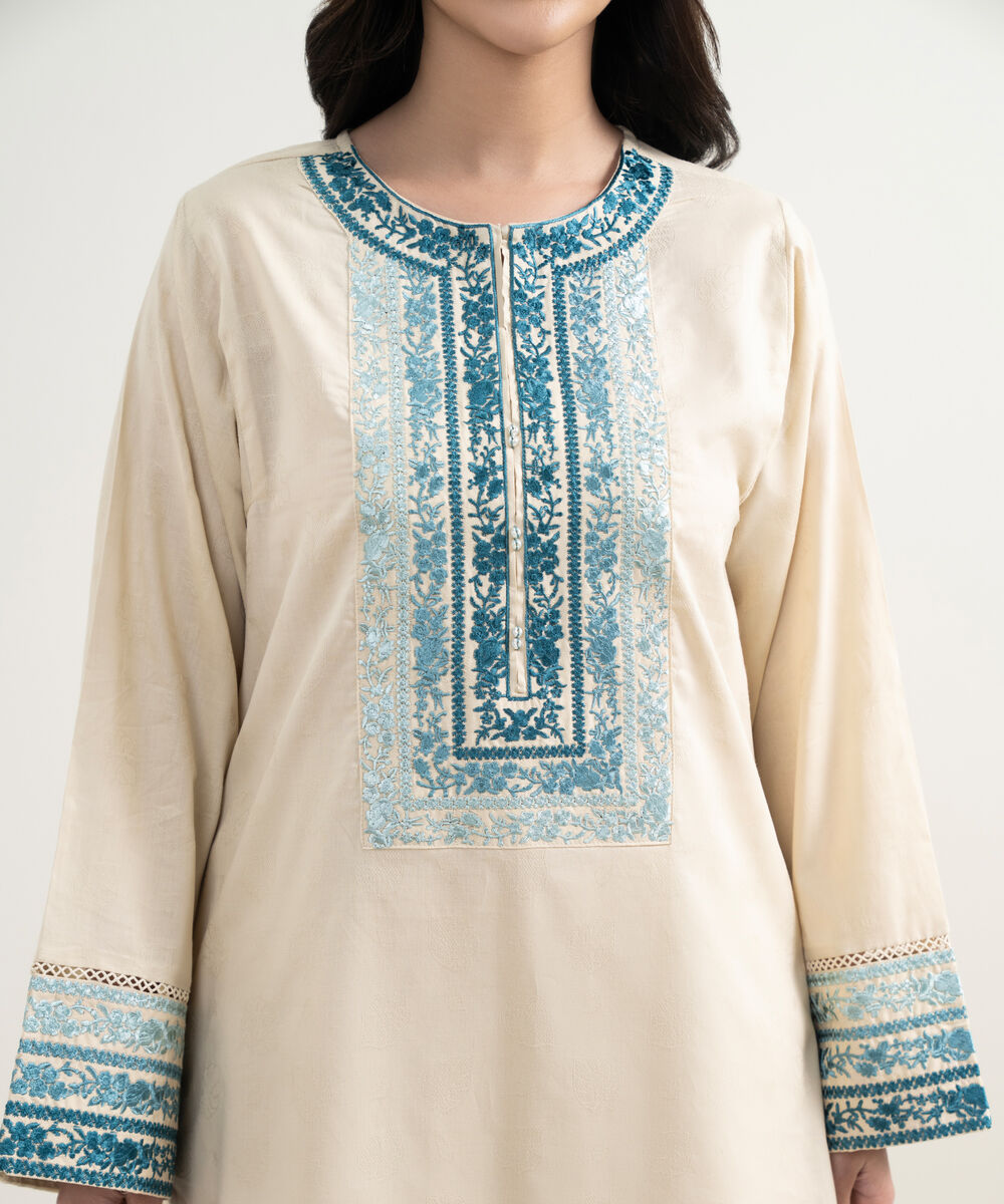 Women's RTW Self Jacquard Embroidered Beige 3 Piece Suit