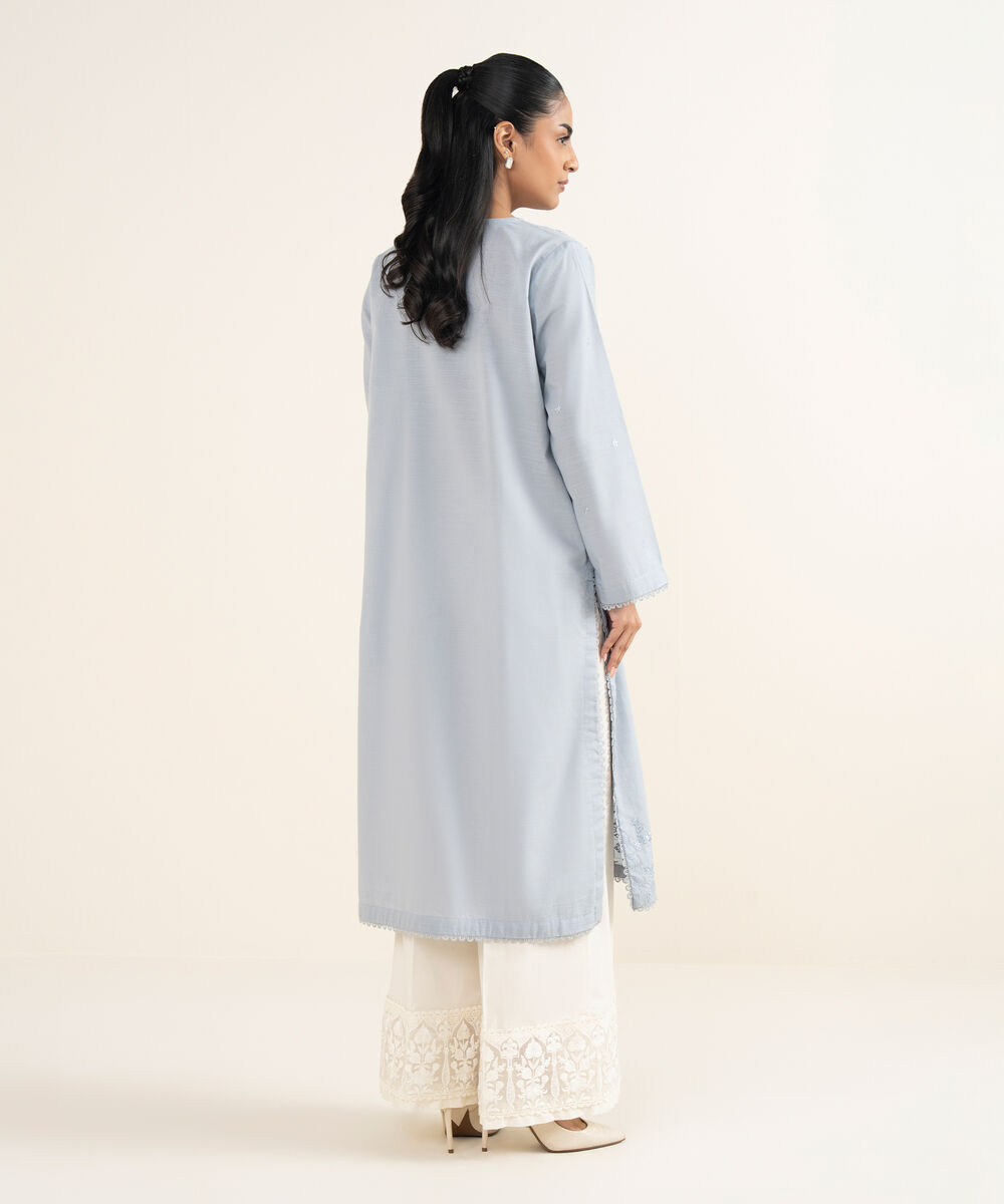 Women's RTW Cotton Embroidered A-Line Ice Blue Shirt