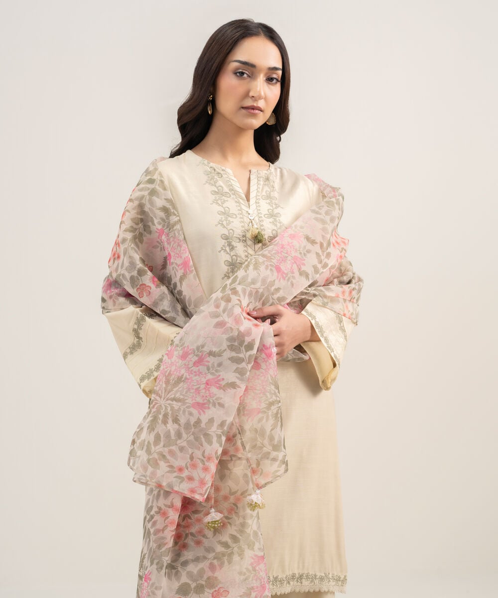 Women's RTW Viscose Raw Silk Embroidered Beige 3 Piece Suit