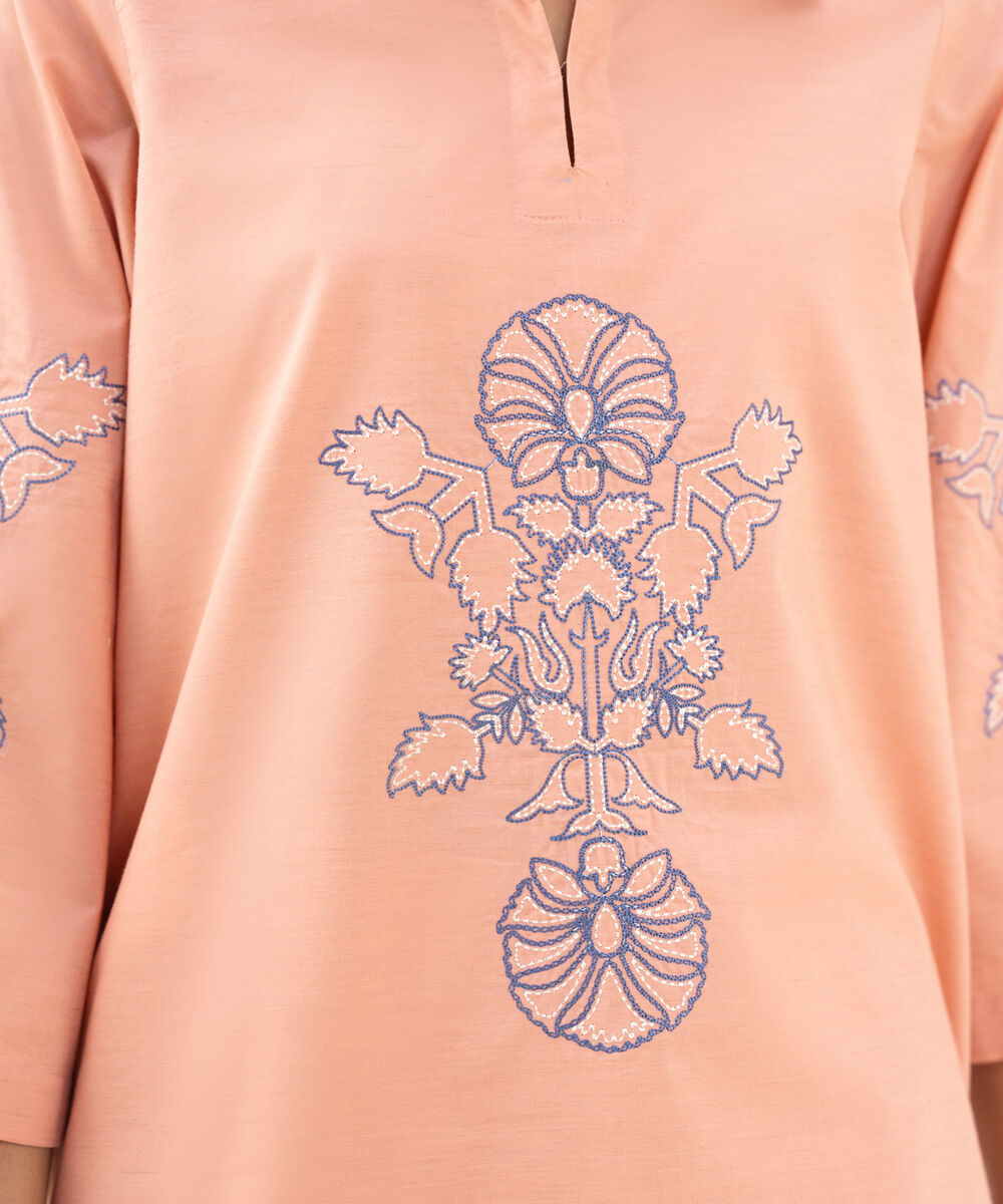 Women's RTW Textured Cotton Pink Embroidered Boxy Shirt