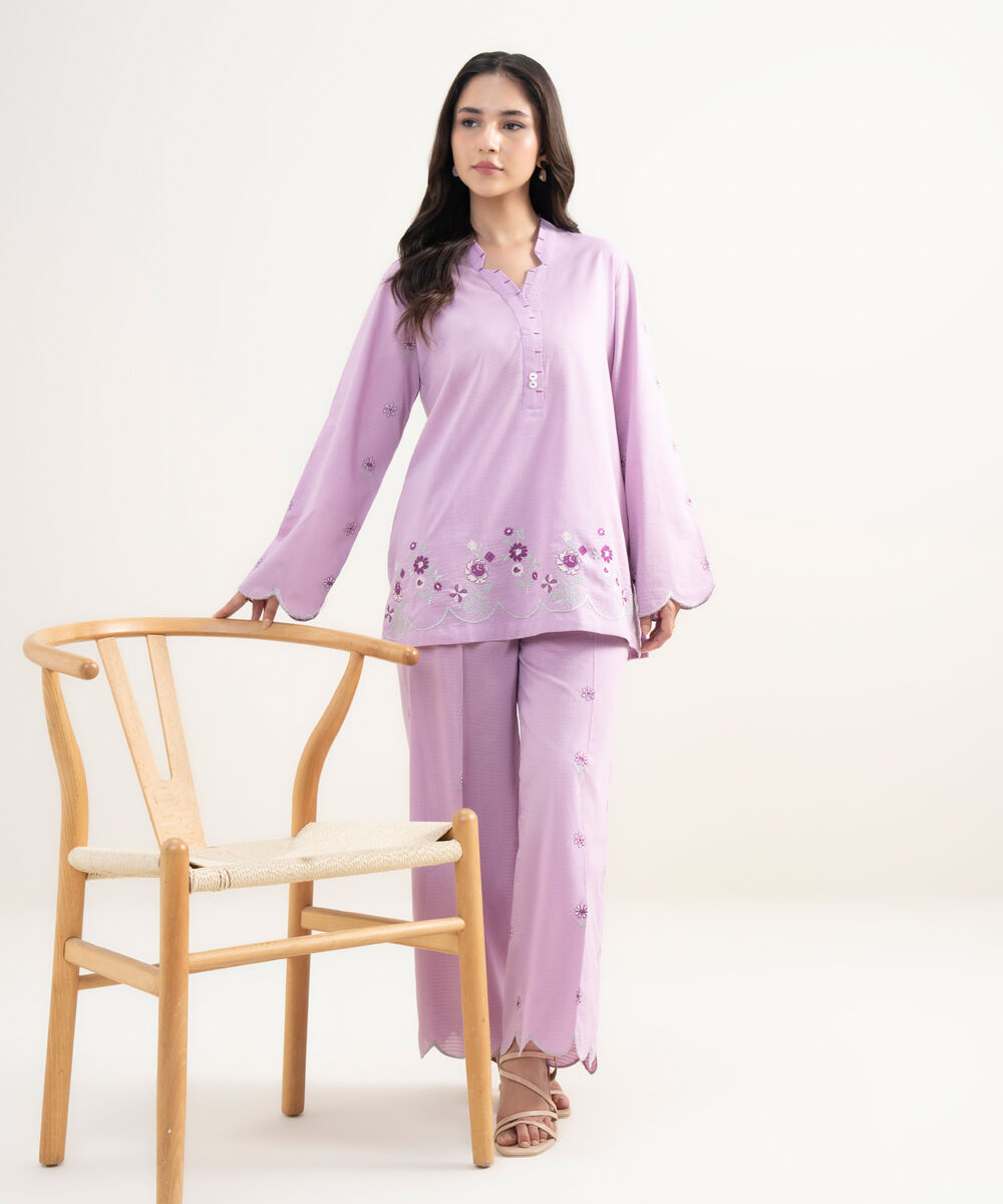 Women's RTW Dobby Embroidered Purple Straight Shirt
