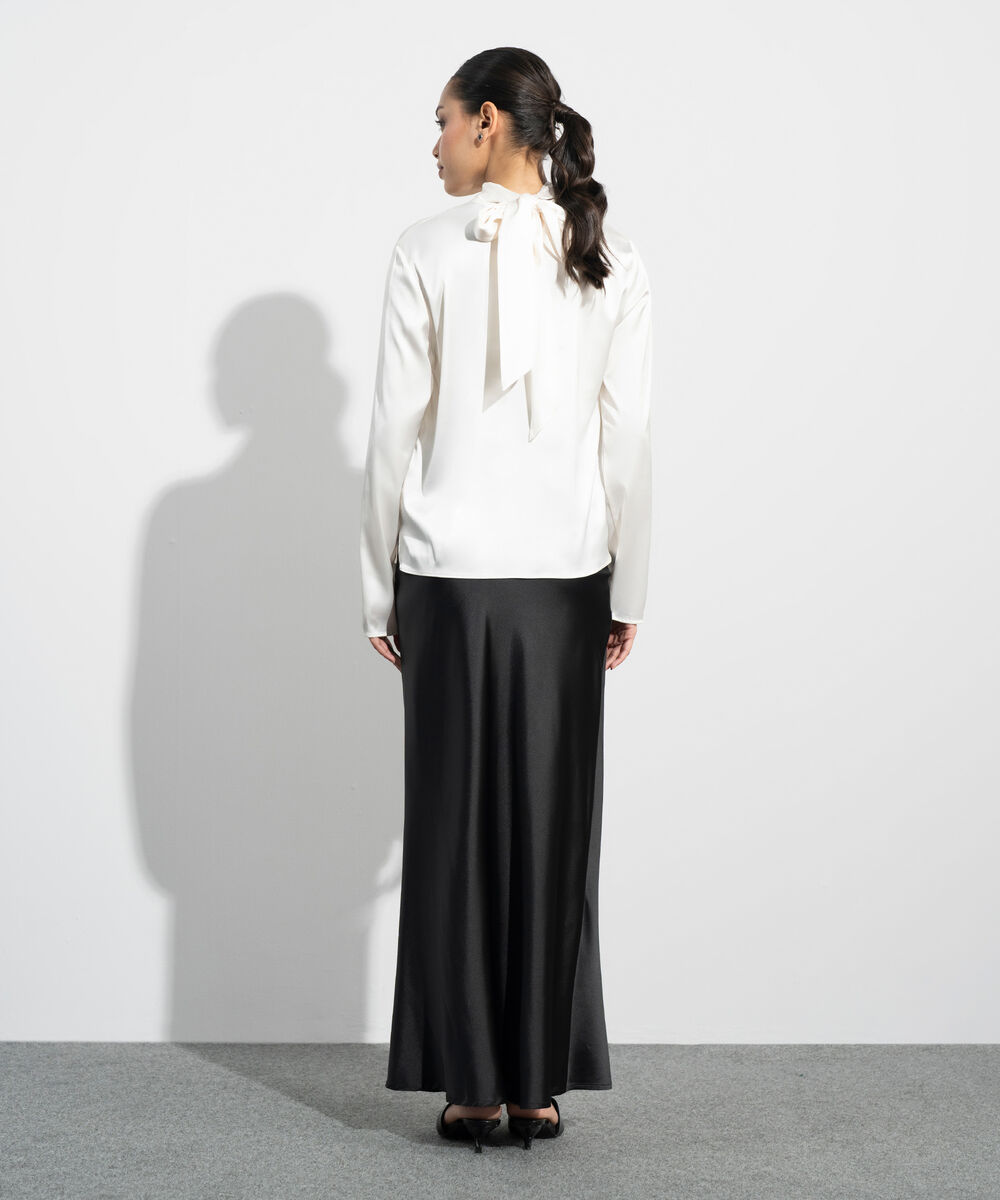 Women's Western Cream Satin Blouse With Back Tie Detail