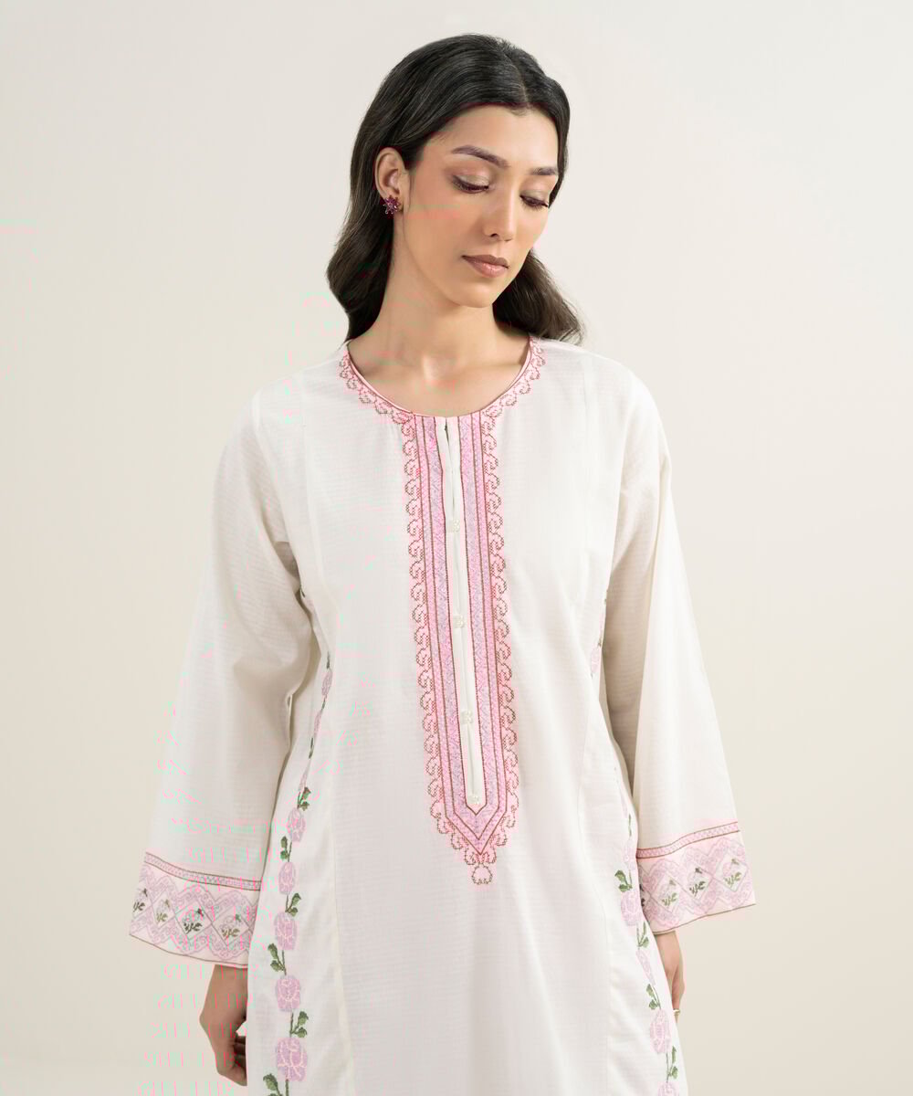 Women's RTW Dobby Embroidered Off White Straight Shirt