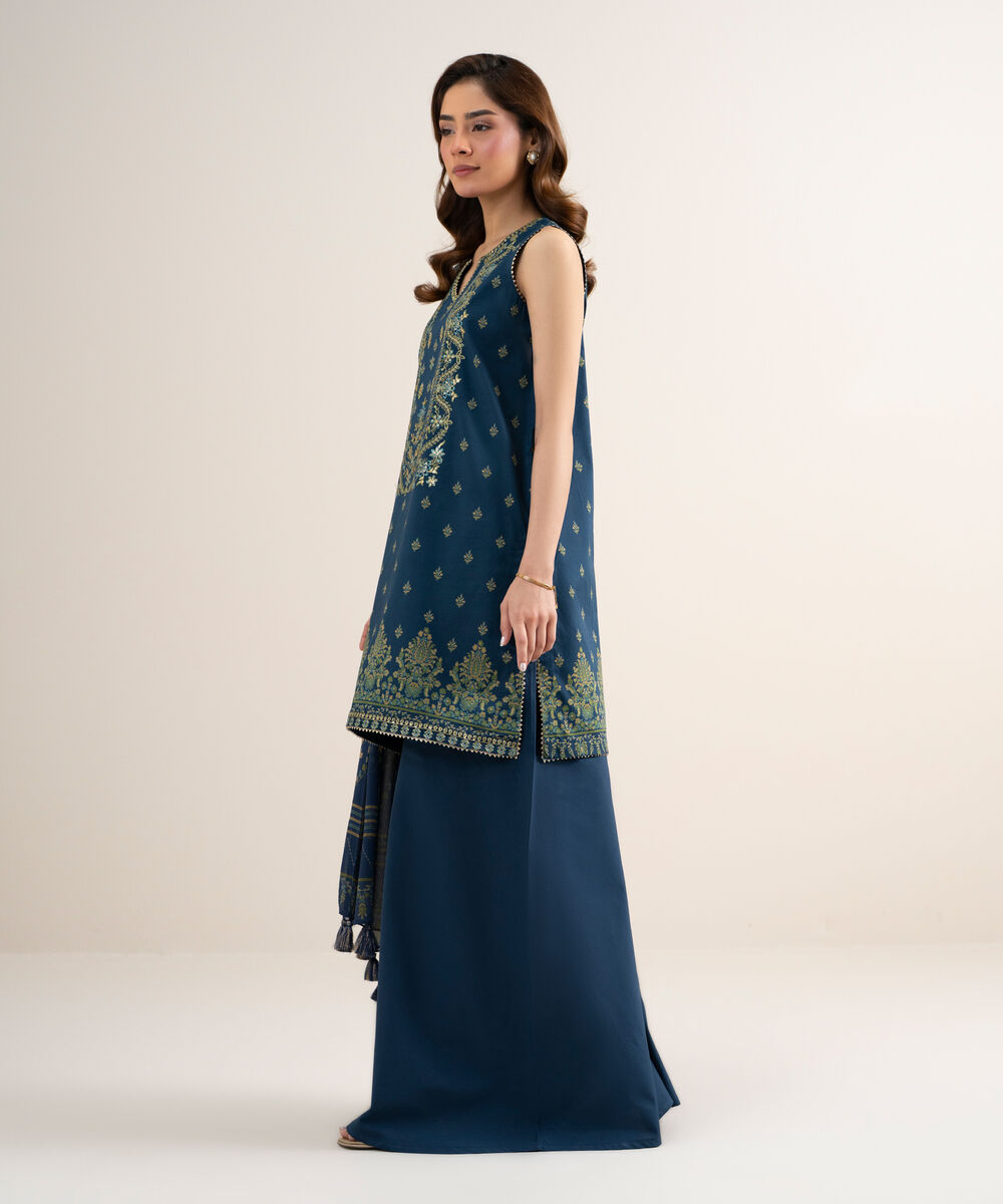 Women's Unstitched Lawn Embroidered Blue 3 Piece Suit