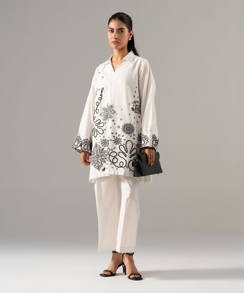Women's RTW Cotton Linen Embroidered Off White 2 Piece Suit