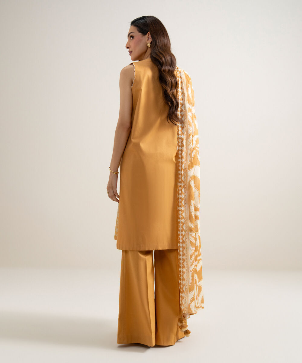 Women's Unstitched Lawn Embroidered Mustard Yellow  3 Piece Suit
