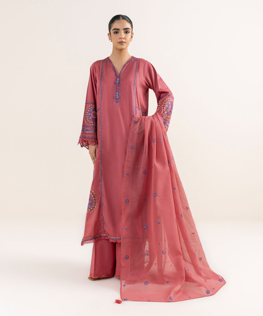 Blended Textured Karandi Pink Embroidered Dupatta