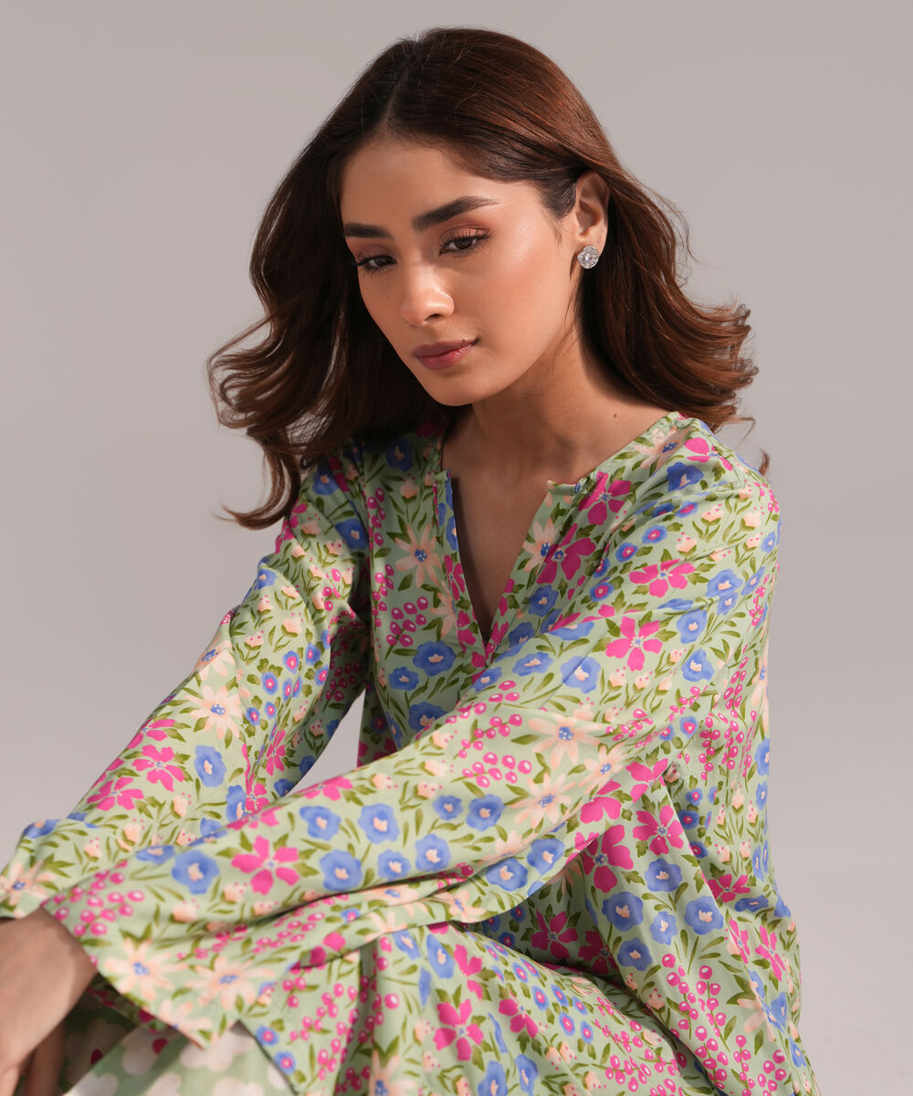 Women's RTW Arabic Lawn Printed Green Straight Shirt