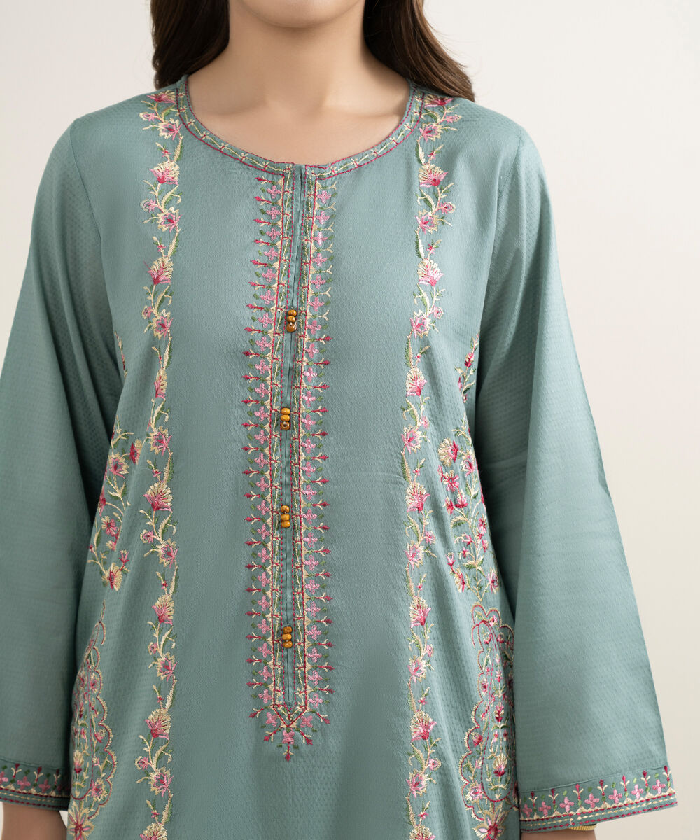 Women's RTW Dobby Embroidered Sage Green A-Line Shirt