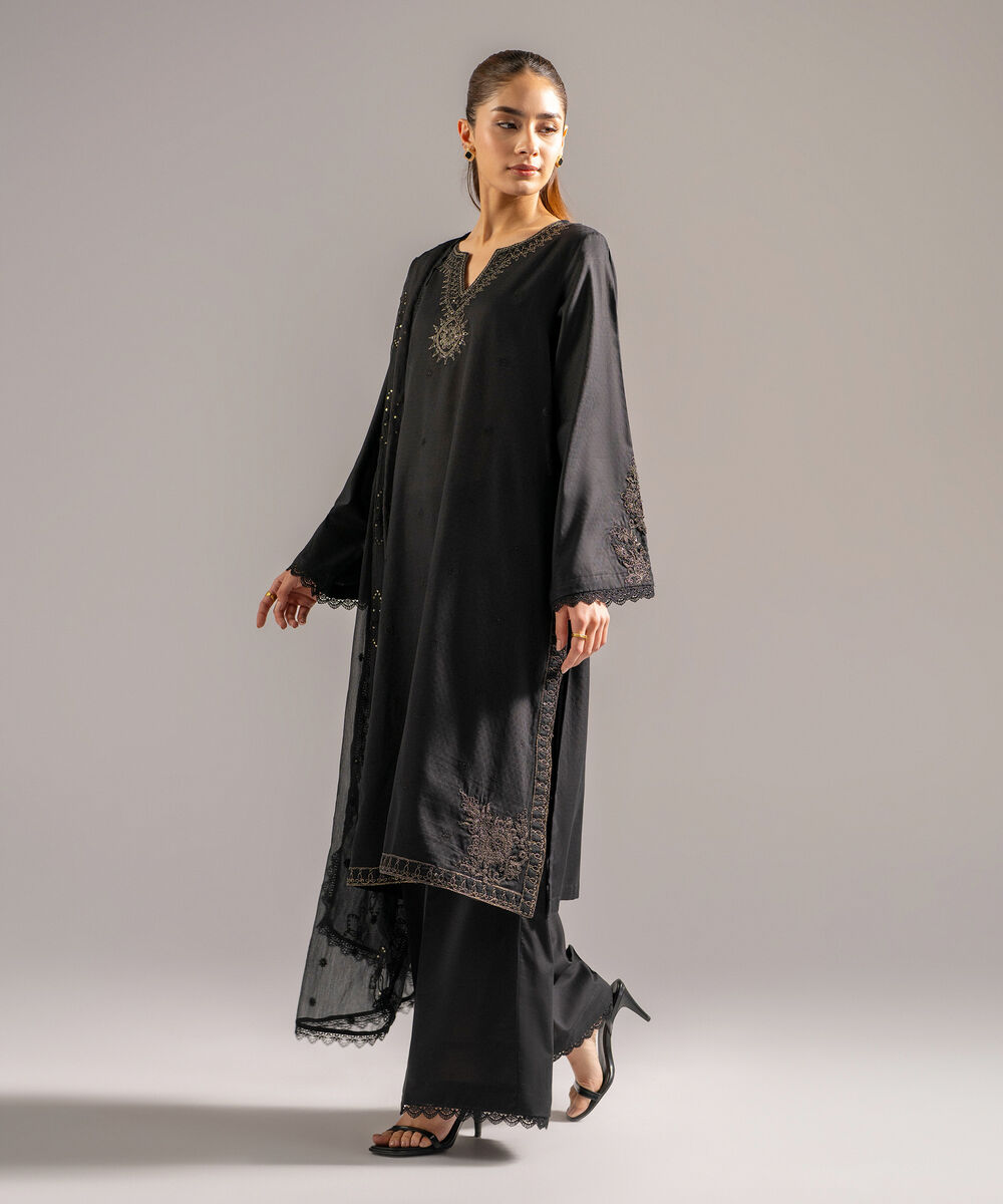 Women's RTW Dobby Embroidered Black 3 Piece Suit