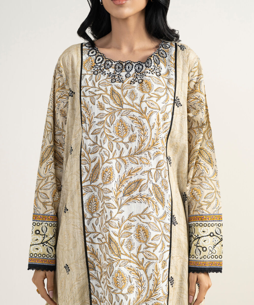 Women's RTW Cotton Embroidered Beige 3 Piece Suit