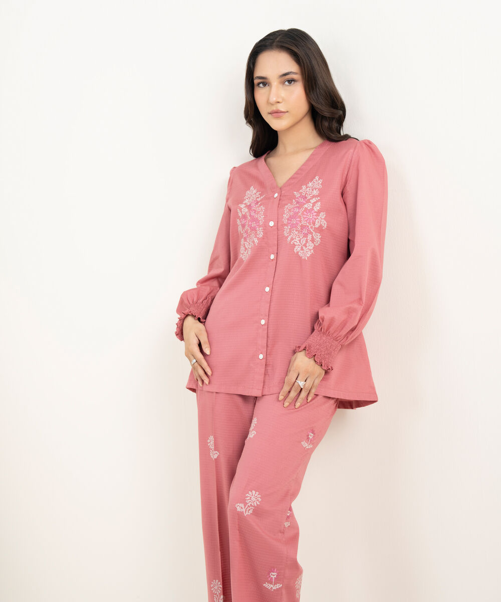 Women's RTW Dobby Embroidered Pink Straight Shirt
