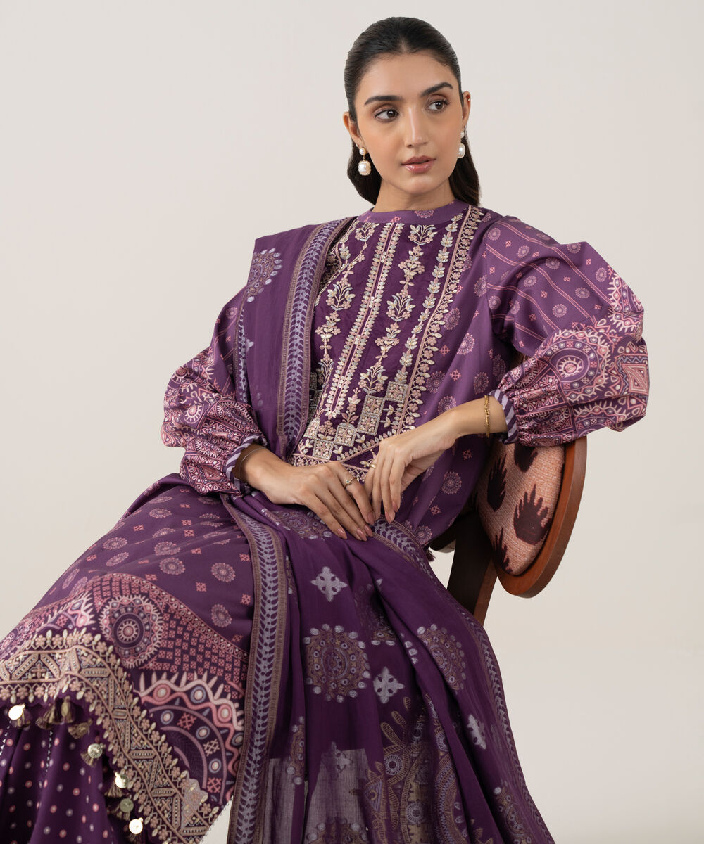 Women's Unstitched Fine Cotton Satin Embroidered Purple 3 Piece Suit