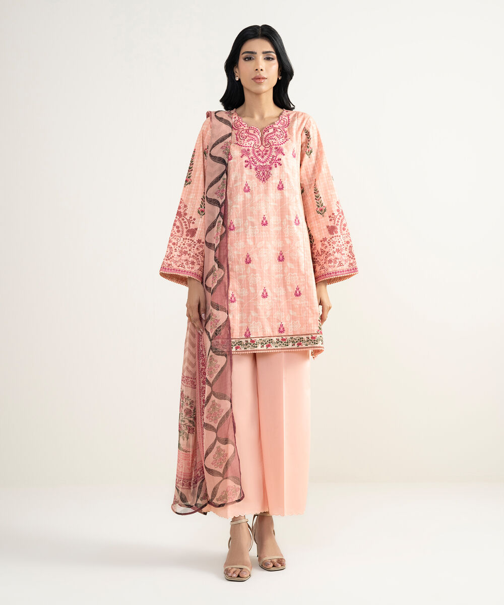 Women's RTW Cotton Embroidered Pink 3 Piece Suit