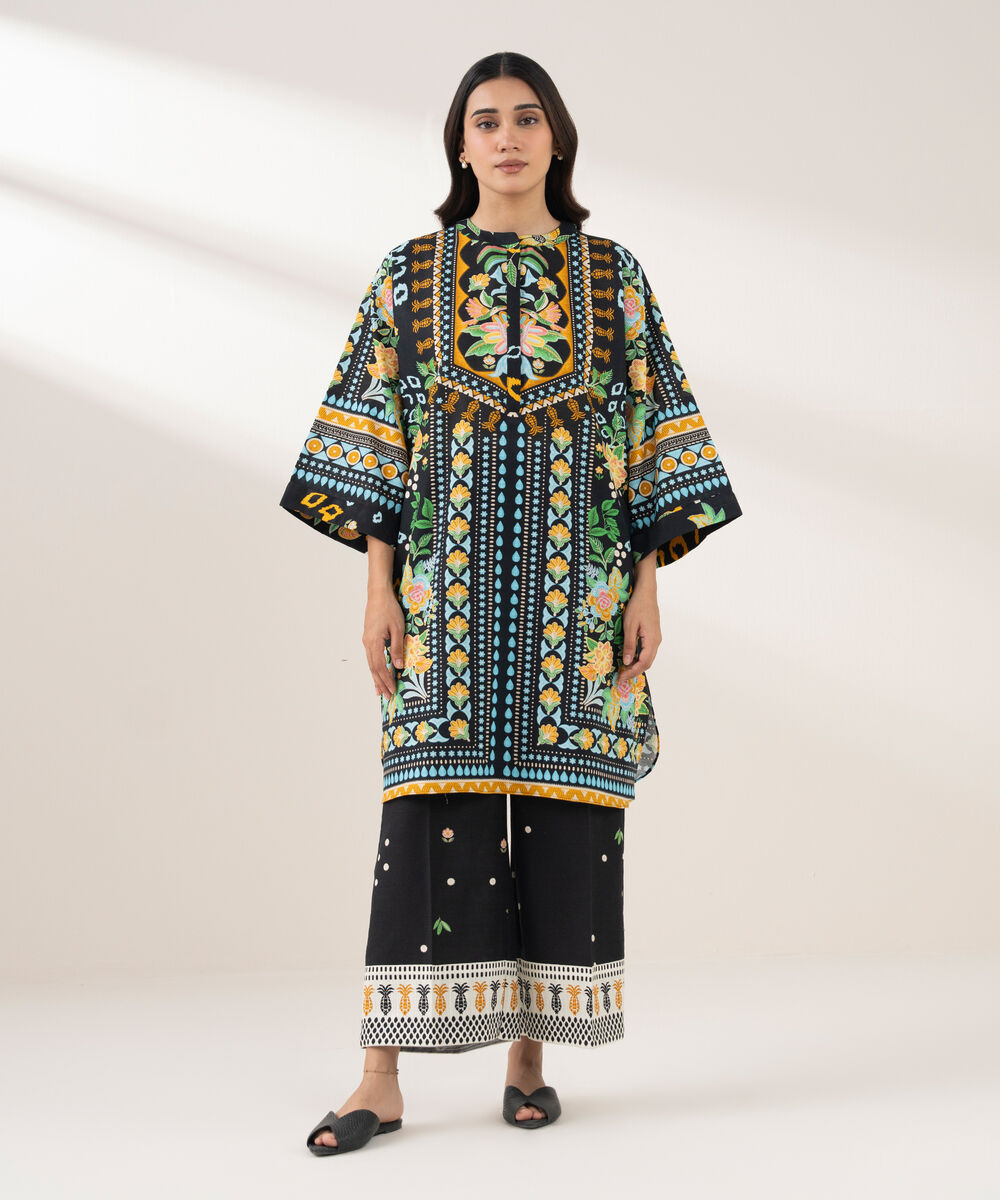 Women's RTW Light Khaddar Printed Straight Blue Shirt