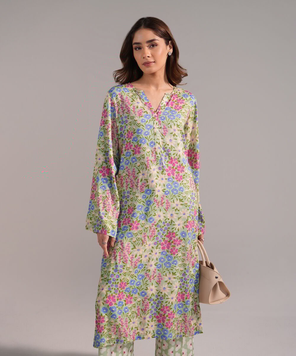 Women's RTW Arabic Lawn Printed Green Straight Shirt
