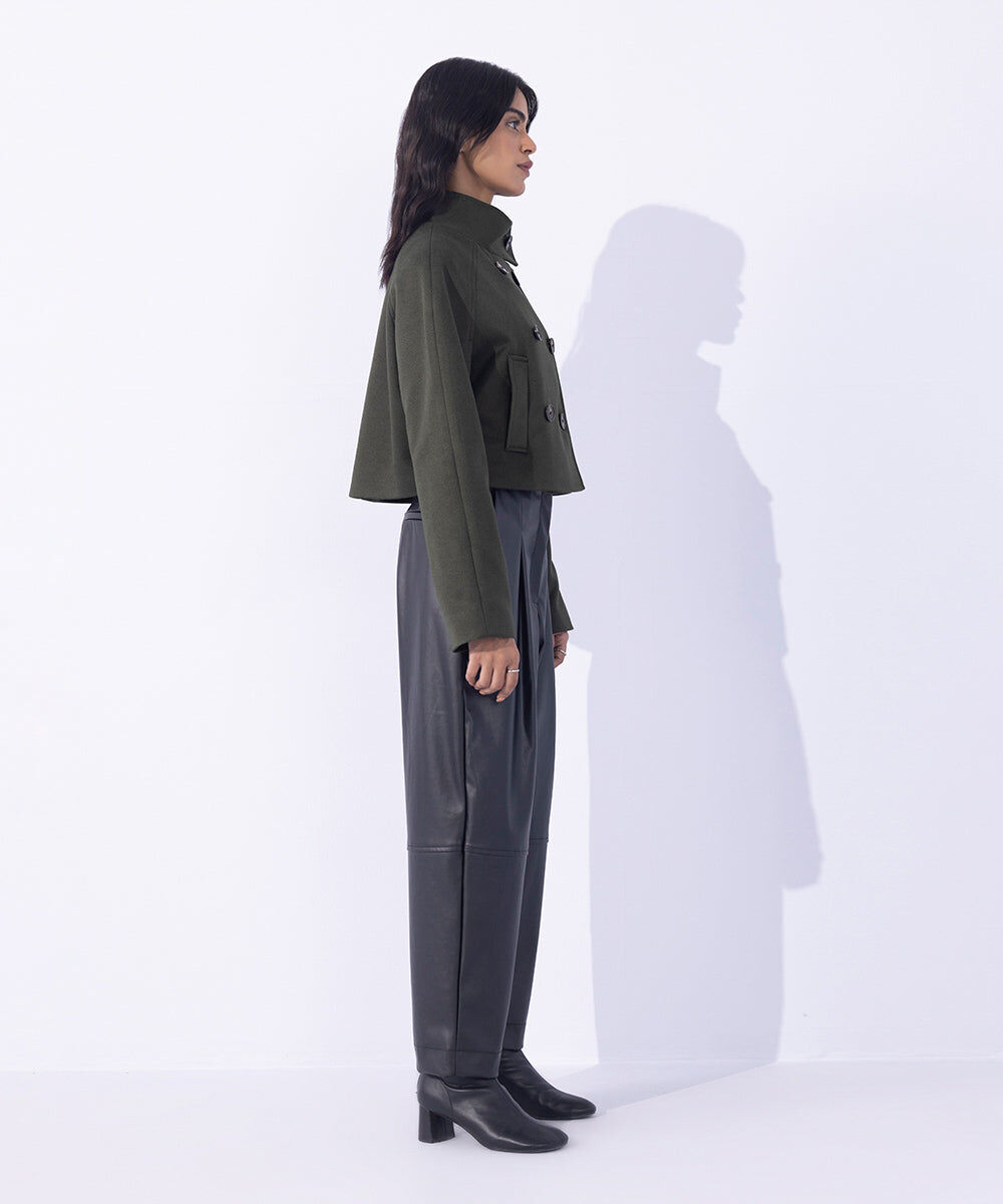 Woman - Green Cropped Double-Breasted Coat