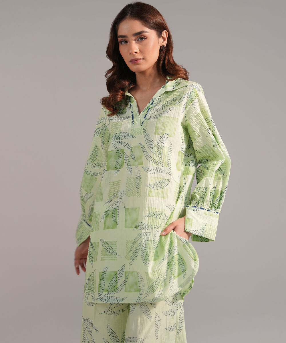 Women's RTW Seersucker Printed Green Straight Shirt
