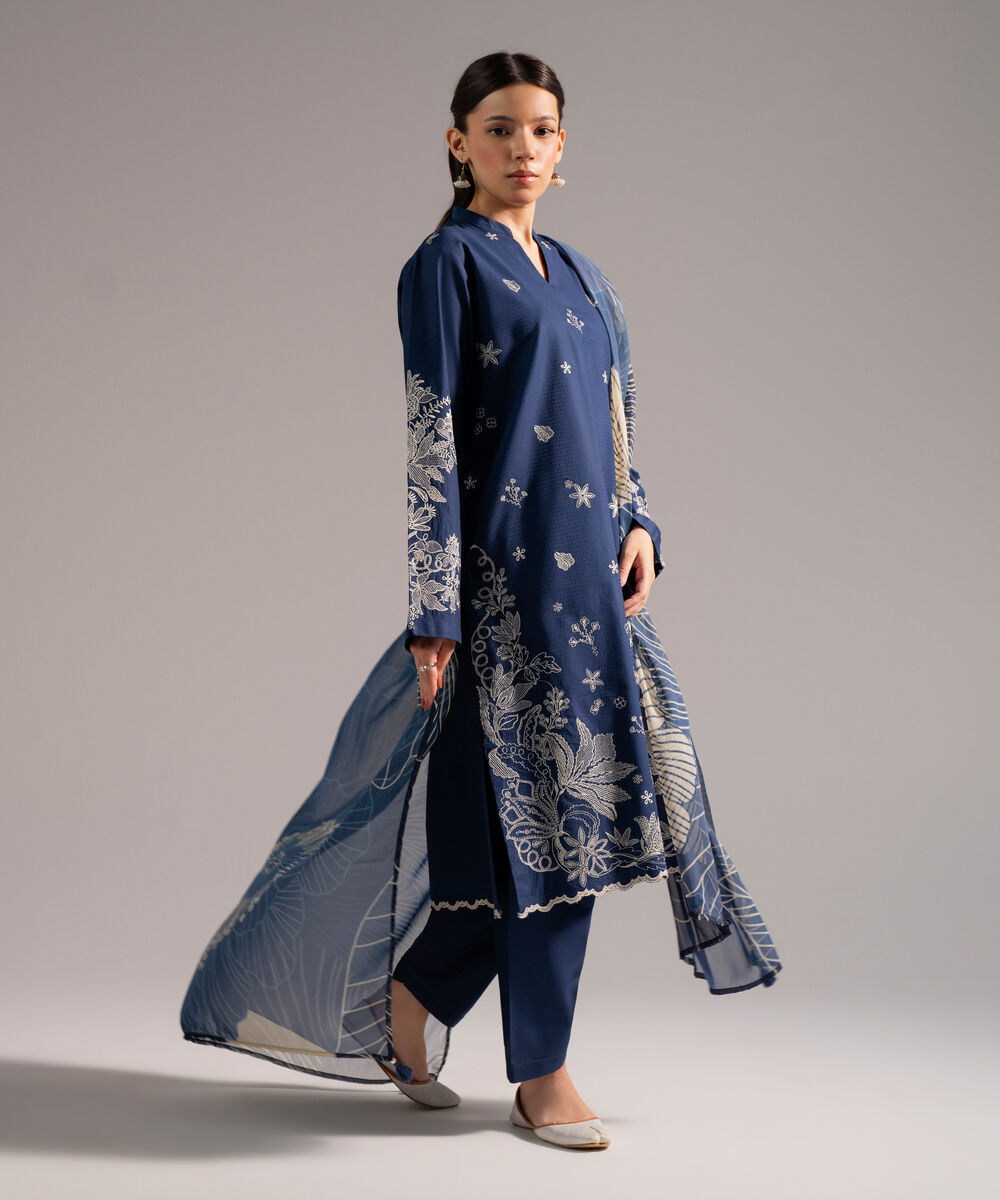 Women's RTW Dobby Embroidered Dark Blue 3 Piece Suit