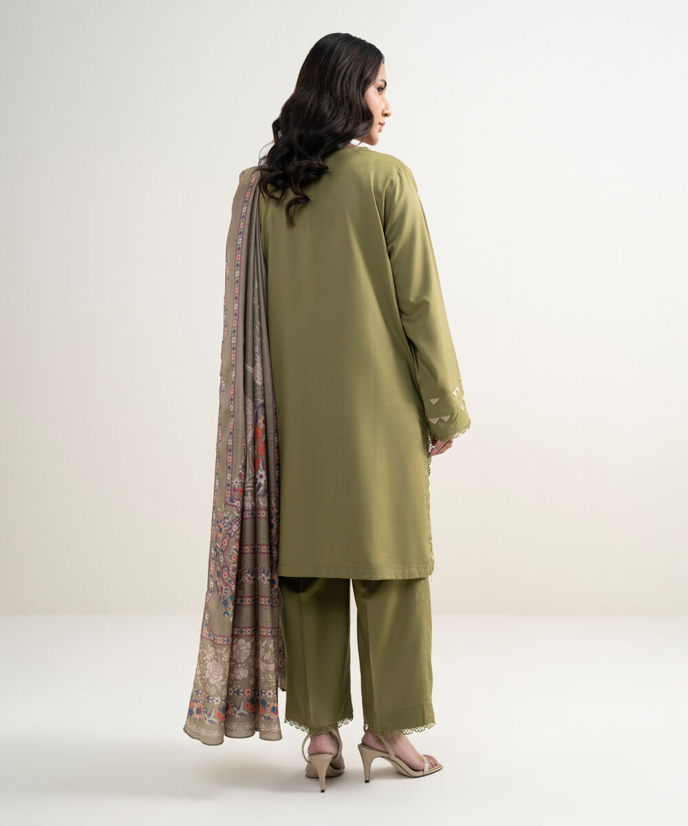 Women's RTW Raw Silk Viscose Embroidered Green 3 Piece Suit