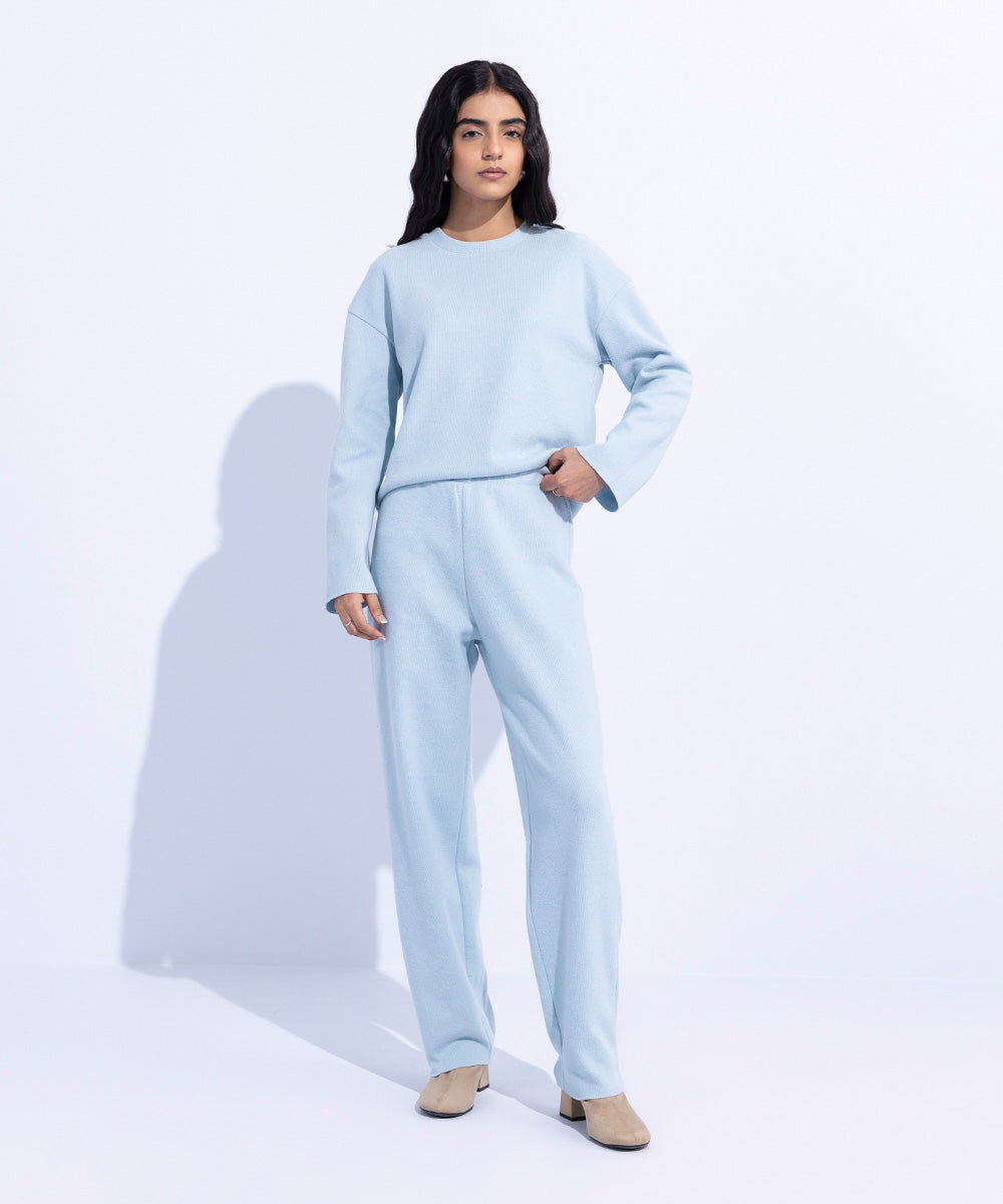 Woman - Blue Ribbed Straight Trousers