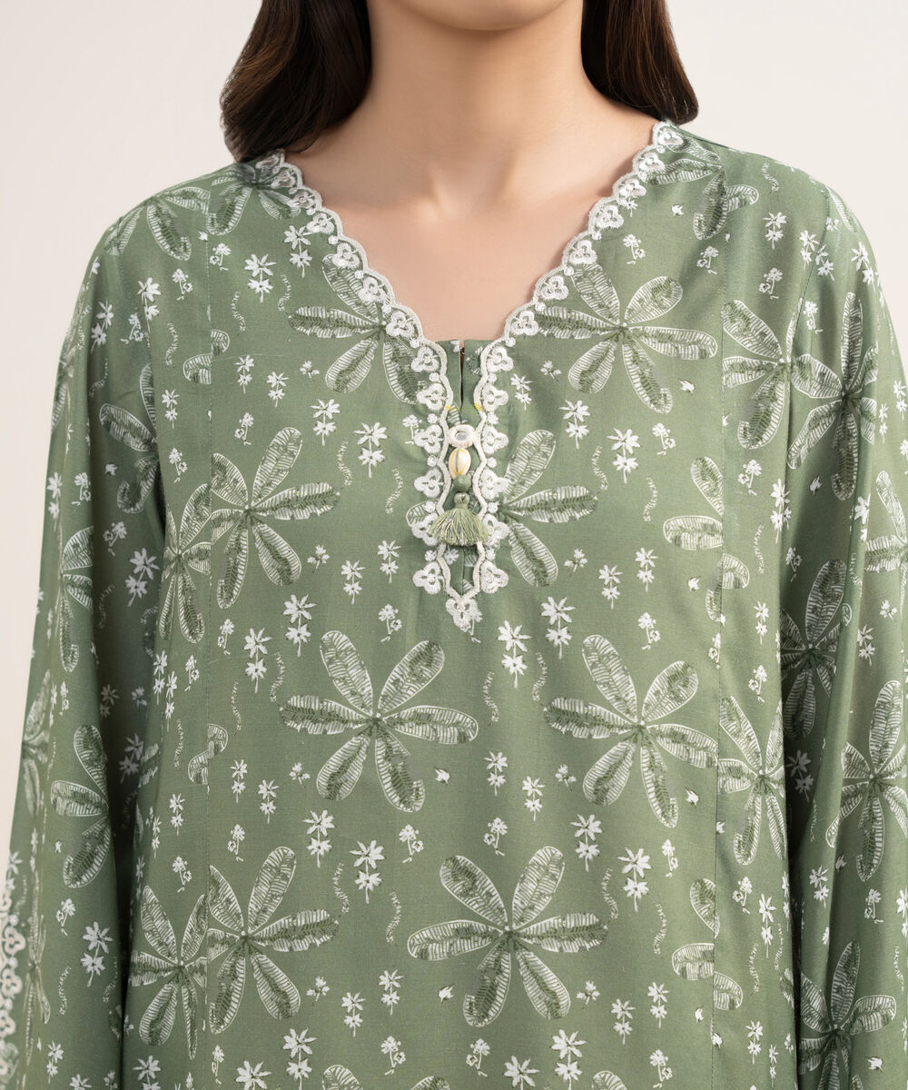 Women's RTW Viscose Raw Silk Embroidered Green Straight Shirt