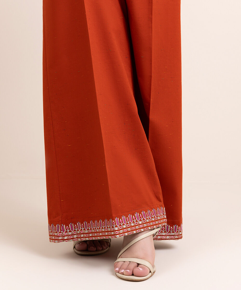 Women's Pret Multineps Orange Embroidered Flared Pants