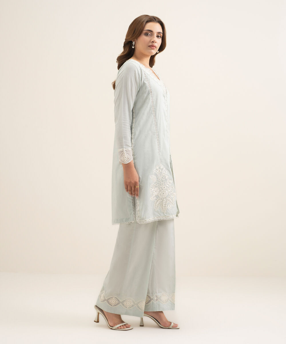 Women's RTW Self Jacquard Embroidered Green Culottes