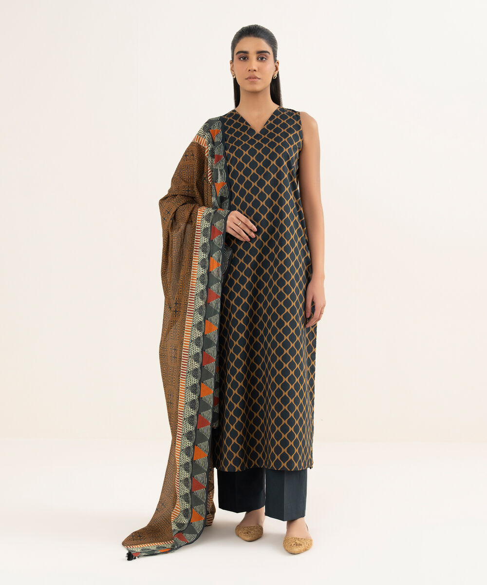 Women's Unstitched Lawn Printed Black 3 Piece Suit